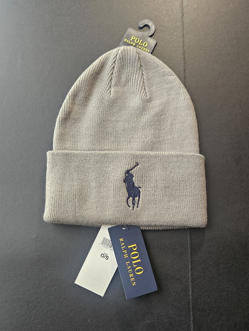 Polo by Ralph Lauren Gray Knit Cuffed Beanie with Navy Pony